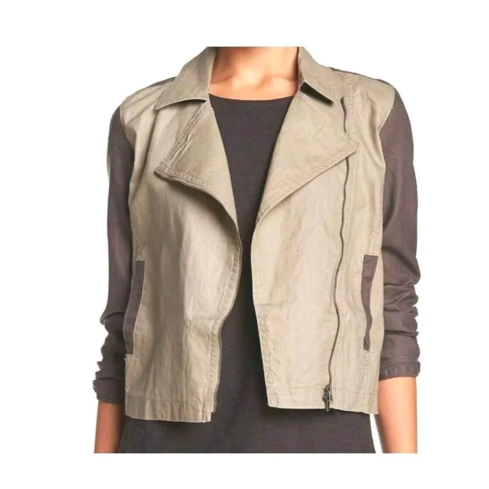 Eileen Fisher Coated Organic Linen Moto Jacket Size XL